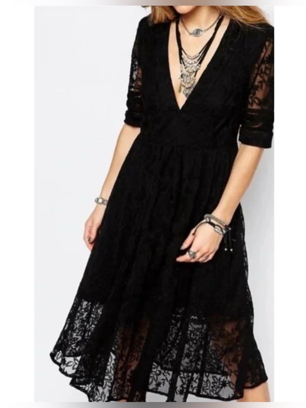 Free People Mountain Laurel Lace Crochet Midi Dress Black Size 4
